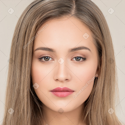 Neutral white young-adult female with long  brown hair and brown eyes