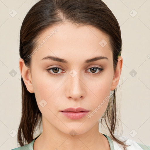 Neutral white young-adult female with medium  brown hair and brown eyes