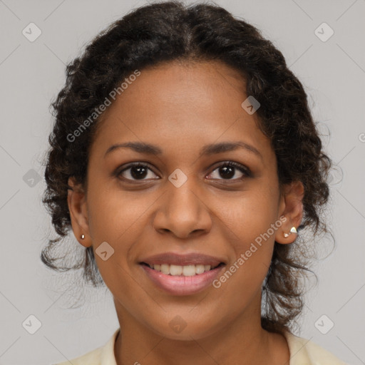 Joyful black young-adult female with medium  brown hair and brown eyes