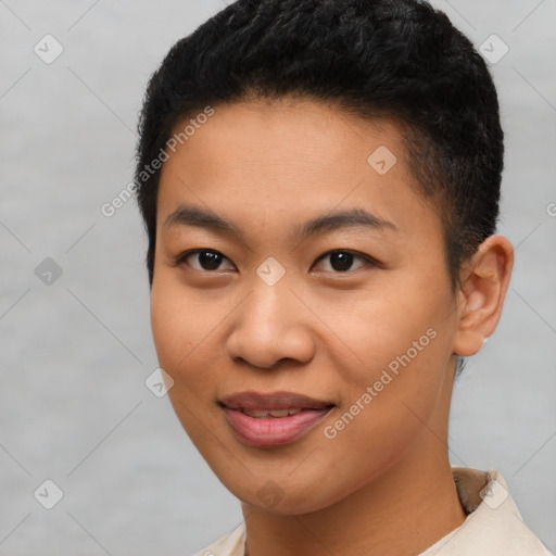 Joyful latino young-adult female with short  black hair and brown eyes