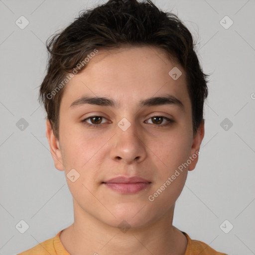 Neutral white young-adult male with short  brown hair and brown eyes