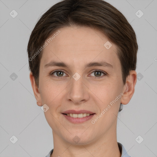 Joyful white young-adult female with short  brown hair and brown eyes