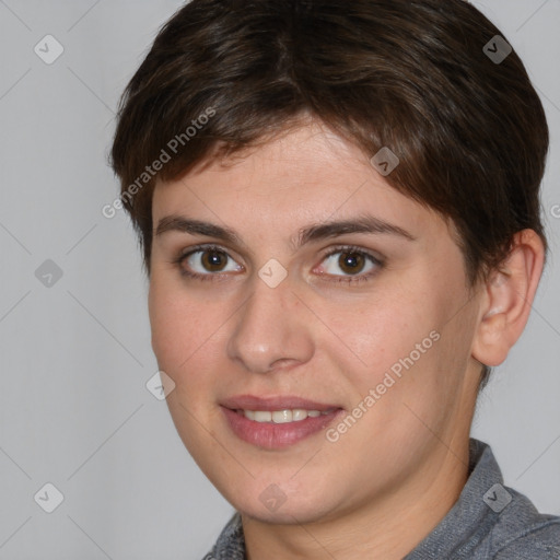 Joyful white young-adult female with short  brown hair and brown eyes