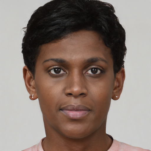 Neutral black young-adult female with short  brown hair and brown eyes