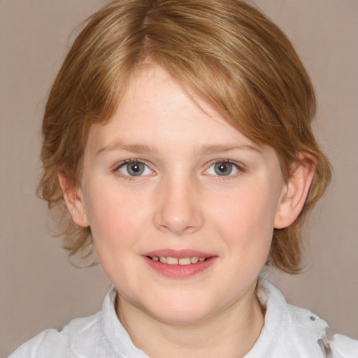 Joyful white child female with medium  brown hair and blue eyes