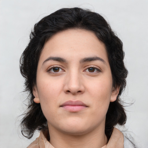 Neutral latino young-adult female with medium  brown hair and brown eyes