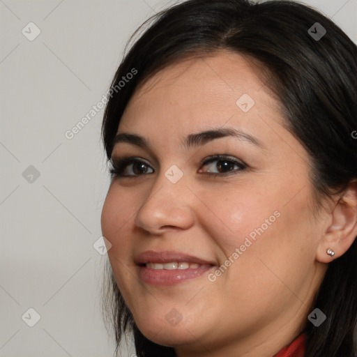 Joyful white young-adult female with long  brown hair and brown eyes