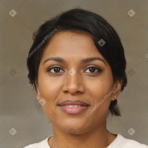 Joyful black young-adult female with medium  brown hair and brown eyes