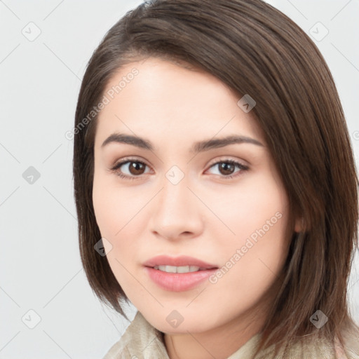 Neutral white young-adult female with long  brown hair and brown eyes