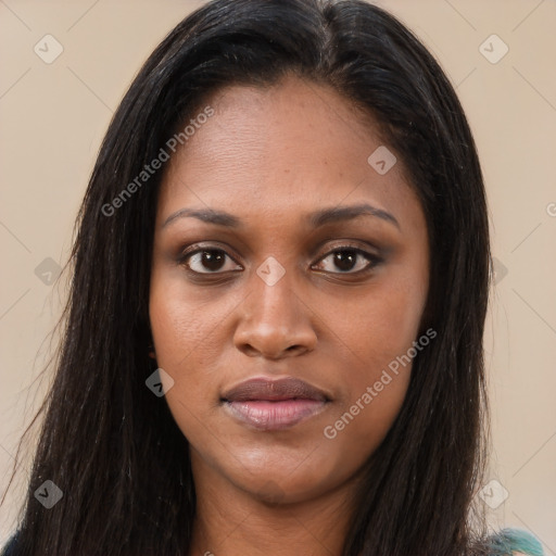 Joyful asian young-adult female with long  brown hair and brown eyes