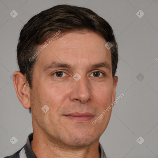 Neutral white adult male with short  brown hair and brown eyes