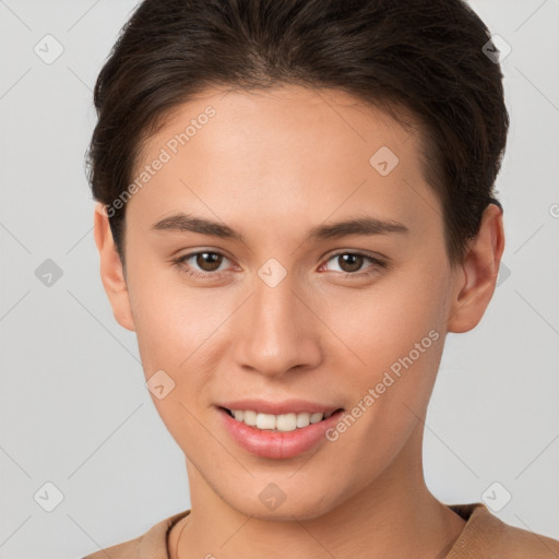 Joyful white young-adult female with short  brown hair and brown eyes