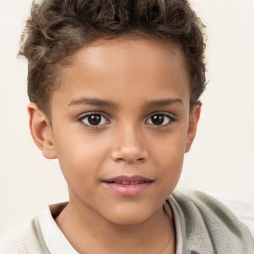 Joyful white child female with short  brown hair and brown eyes