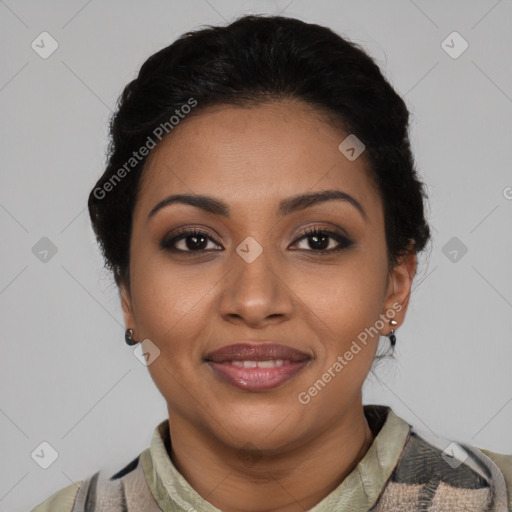 Joyful latino young-adult female with short  black hair and brown eyes