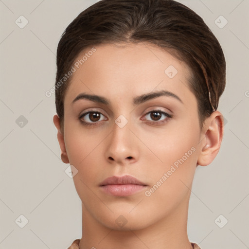 Neutral white young-adult female with short  brown hair and brown eyes