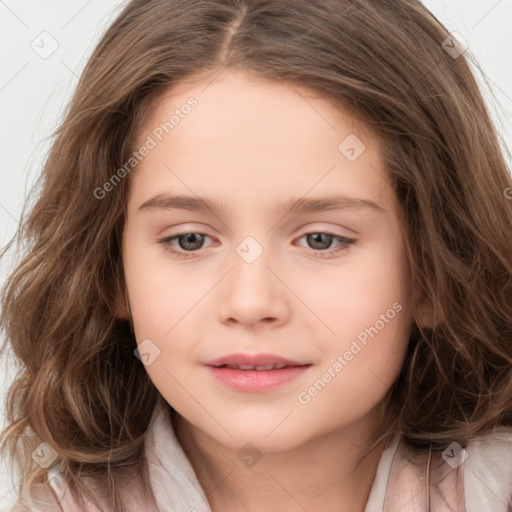 Joyful white child female with long  brown hair and brown eyes