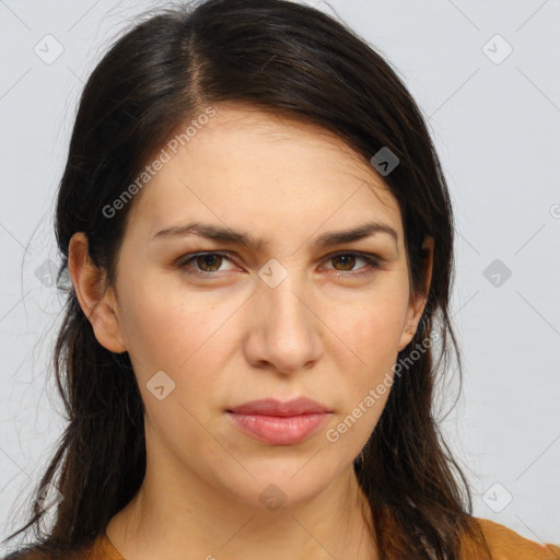 Neutral white young-adult female with long  brown hair and brown eyes