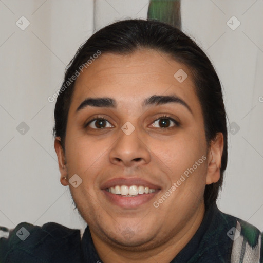 Joyful latino young-adult female with medium  brown hair and brown eyes