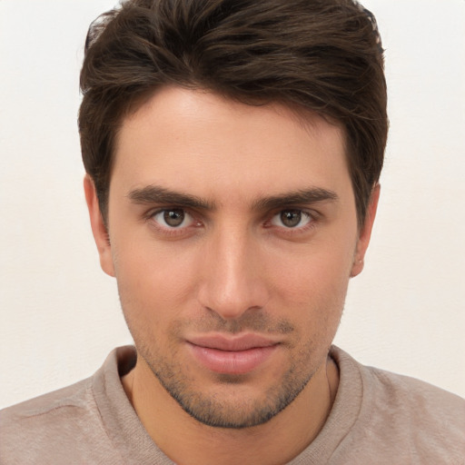 Neutral white young-adult male with short  brown hair and brown eyes