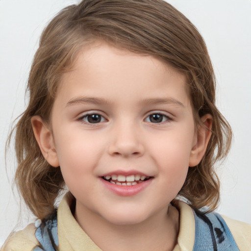 Joyful white child female with medium  brown hair and grey eyes