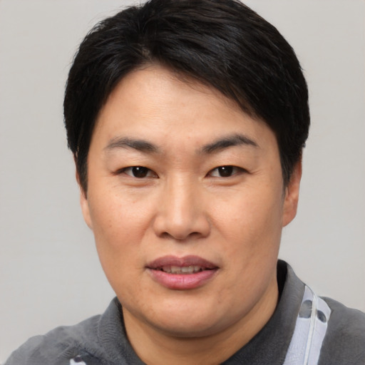 Joyful asian adult female with short  black hair and brown eyes
