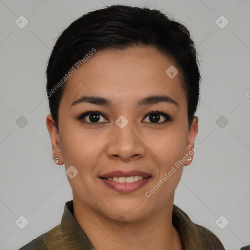 Joyful asian young-adult female with short  black hair and brown eyes