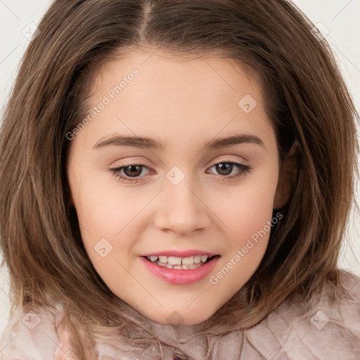 Joyful white child female with medium  brown hair and brown eyes