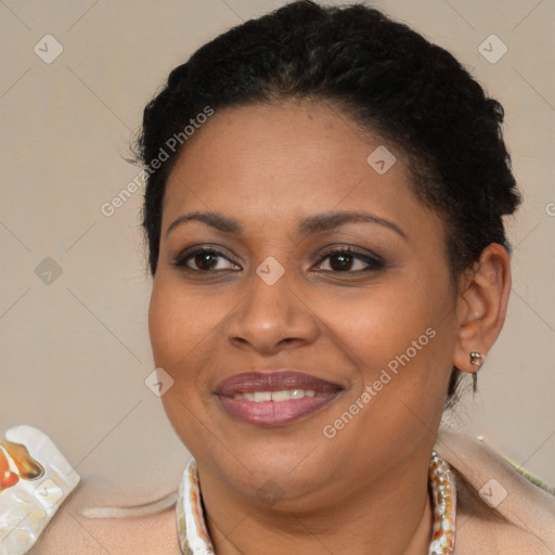 Joyful latino young-adult female with short  brown hair and brown eyes