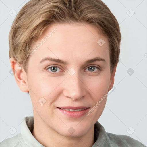 Joyful white young-adult female with short  brown hair and grey eyes