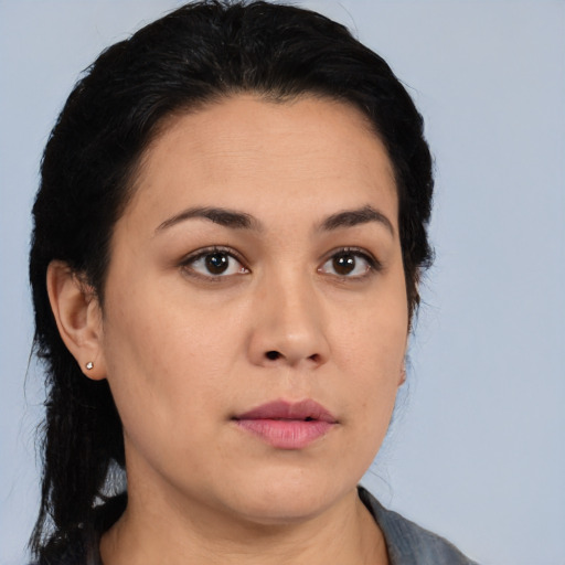 Neutral asian young-adult female with medium  black hair and brown eyes