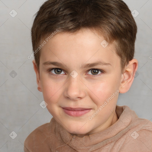 Joyful white child male with short  brown hair and brown eyes