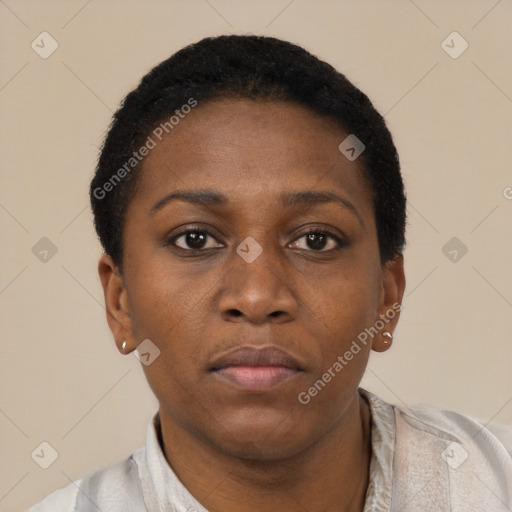 Neutral black young-adult female with short  brown hair and brown eyes