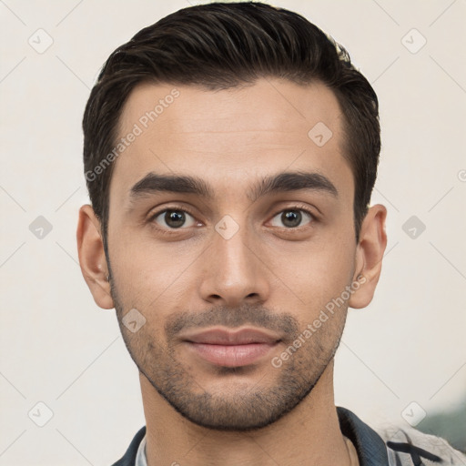 Neutral white young-adult male with short  brown hair and brown eyes