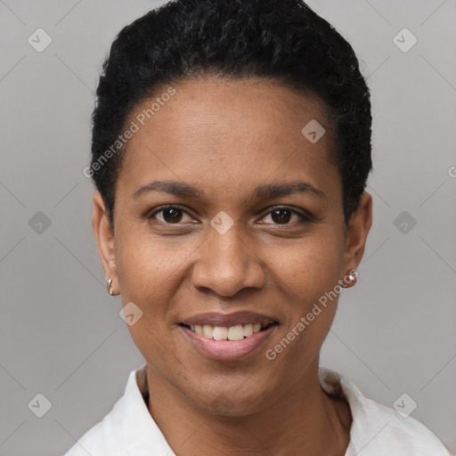 Joyful black young-adult female with short  black hair and brown eyes