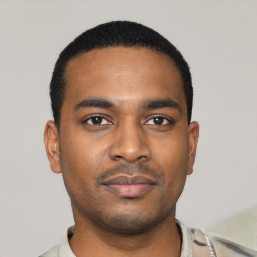 Neutral black young-adult male with short  black hair and brown eyes