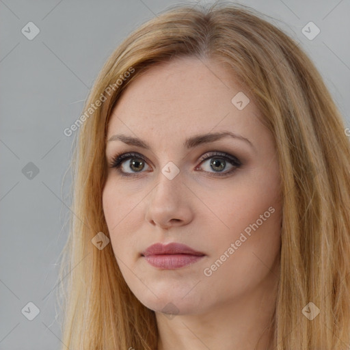 Neutral white young-adult female with long  brown hair and brown eyes