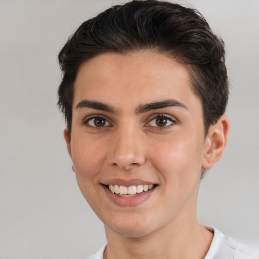 Joyful white young-adult female with short  brown hair and brown eyes