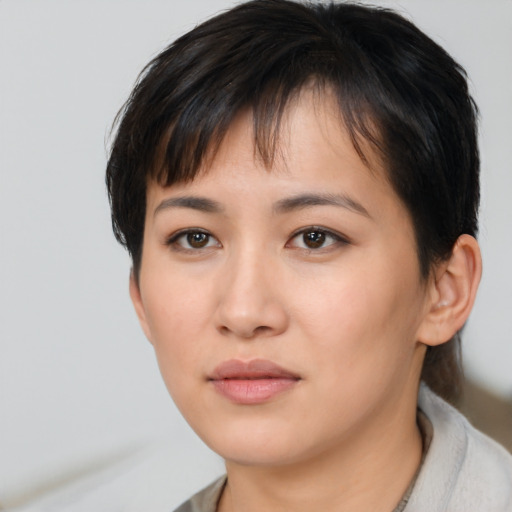 Neutral asian young-adult female with short  brown hair and brown eyes
