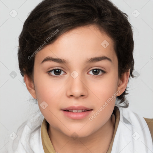 Joyful white child female with medium  brown hair and brown eyes