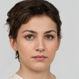 Neutral white young-adult female with short  brown hair and brown eyes