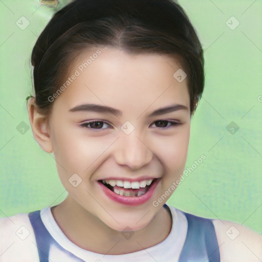 Joyful white child female with short  brown hair and brown eyes