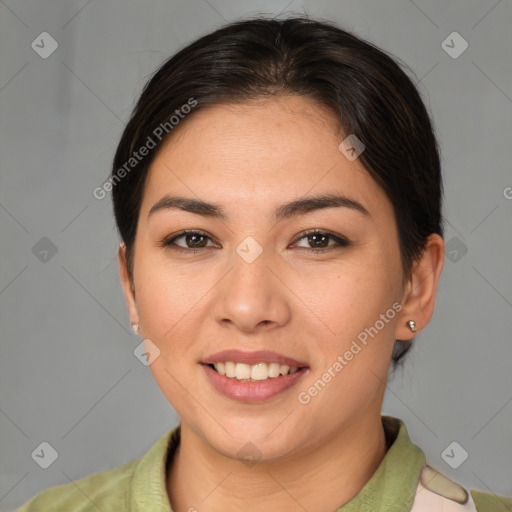 Joyful white young-adult female with medium  brown hair and brown eyes