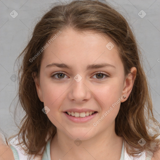 Joyful white child female with medium  brown hair and brown eyes