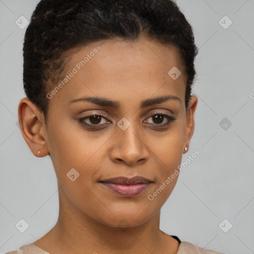 Joyful latino young-adult female with short  brown hair and brown eyes