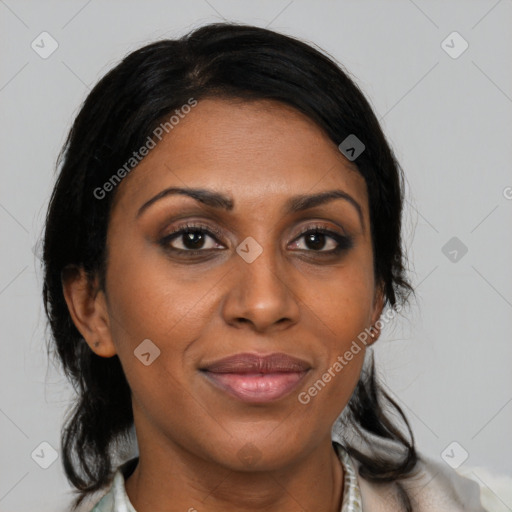 Joyful latino adult female with medium  brown hair and brown eyes
