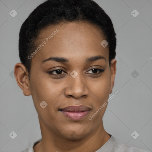 Joyful latino young-adult female with short  black hair and brown eyes