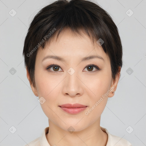 Joyful asian young-adult female with short  brown hair and brown eyes