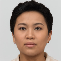 Neutral asian young-adult female with short  brown hair and brown eyes