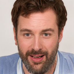 Joyful white young-adult male with short  brown hair and blue eyes