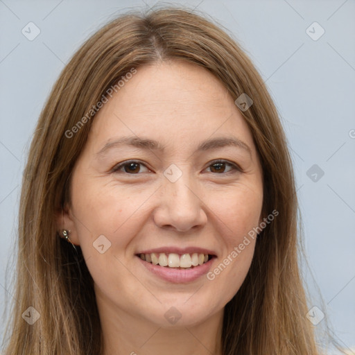 Joyful white young-adult female with long  brown hair and brown eyes